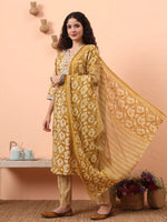 Thumbnail for Yufta Mustard Pure Cotton Straight Floral Kantha Work Kurta Pant Set - Distacart