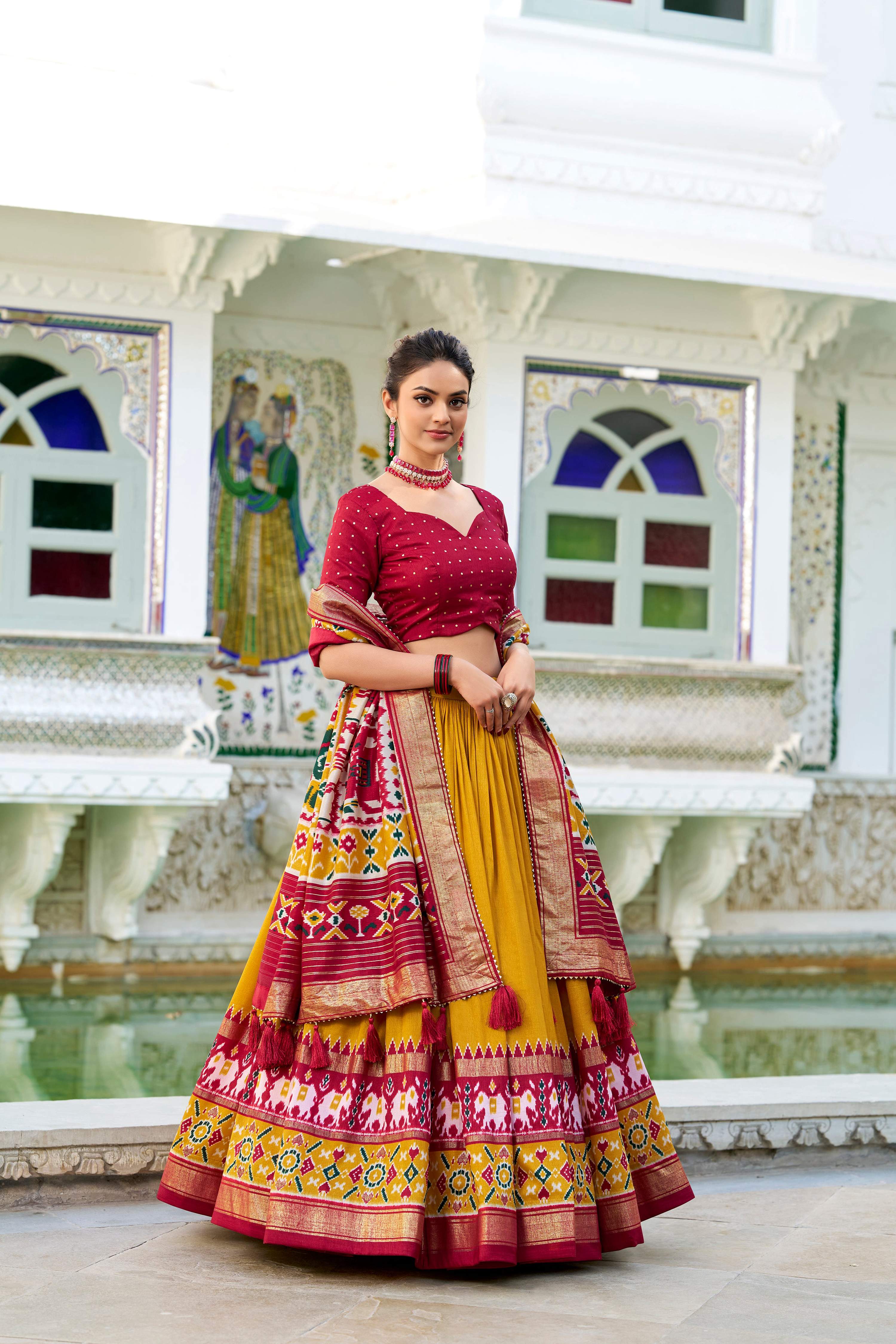 Evanik Mustard Traditional Style Tussar Silk Patola Print With Foil Work Unstitched Lehenga Choli