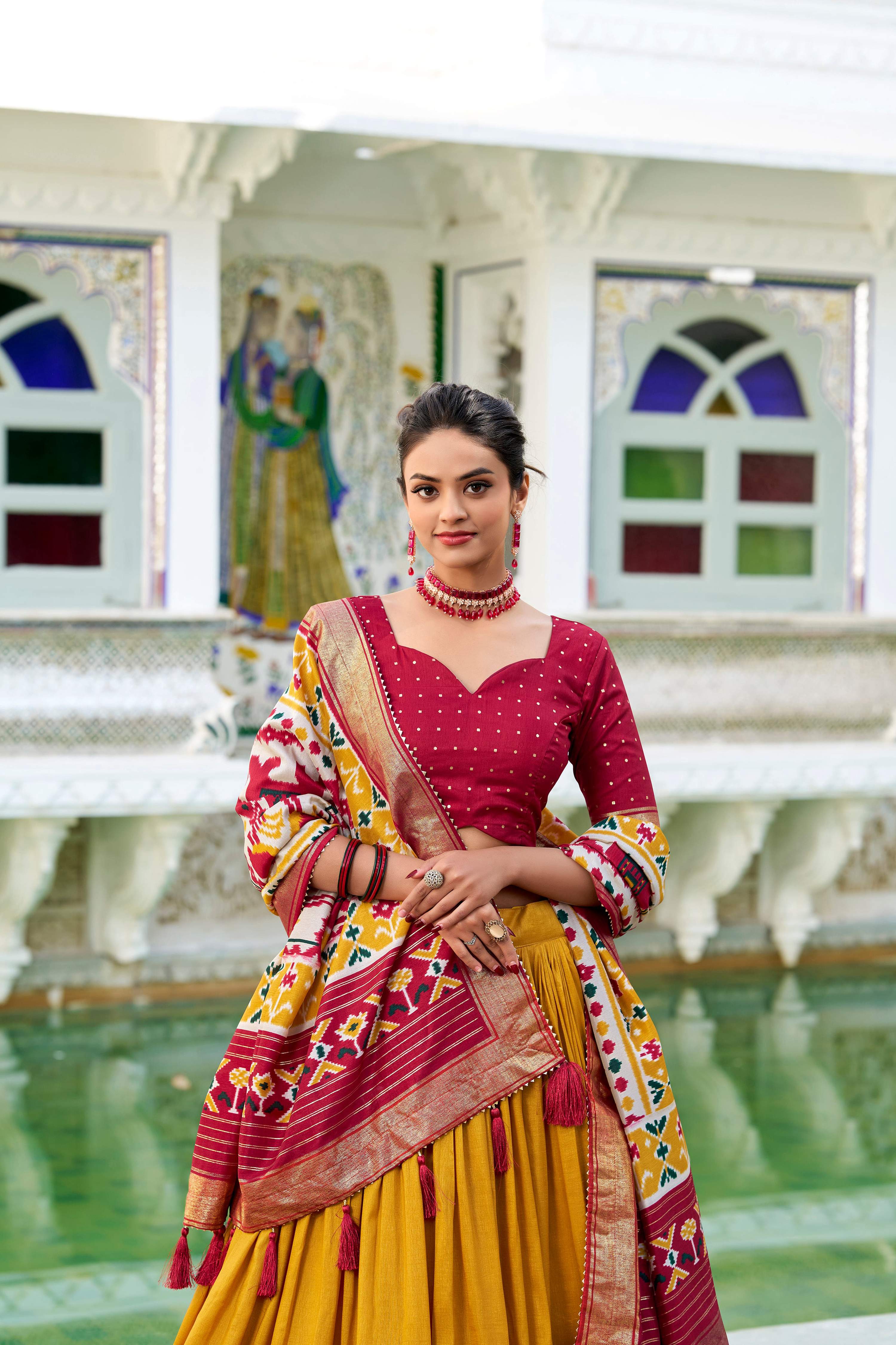 Evanik Mustard Traditional Style Tussar Silk Patola Print With Foil Work Unstitched Lehenga Choli