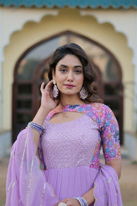 Thumbnail for Aastha Fashion Lavender Faux Georgette Printed Gown With Pant