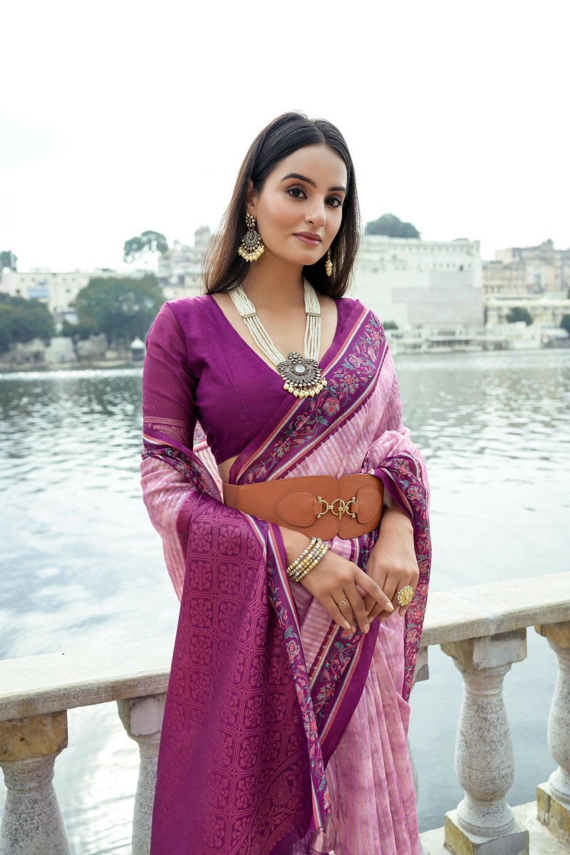 Aastha Fashion Pink Floral Printed Cotton Silk Saree with Blouse - Distacart