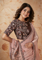 Thumbnail for Peach Crepe Satin Silk Thread, Sequence, Cord Embroidered with Stone Work Saree - Mohmanthan Dakshika - Distacart