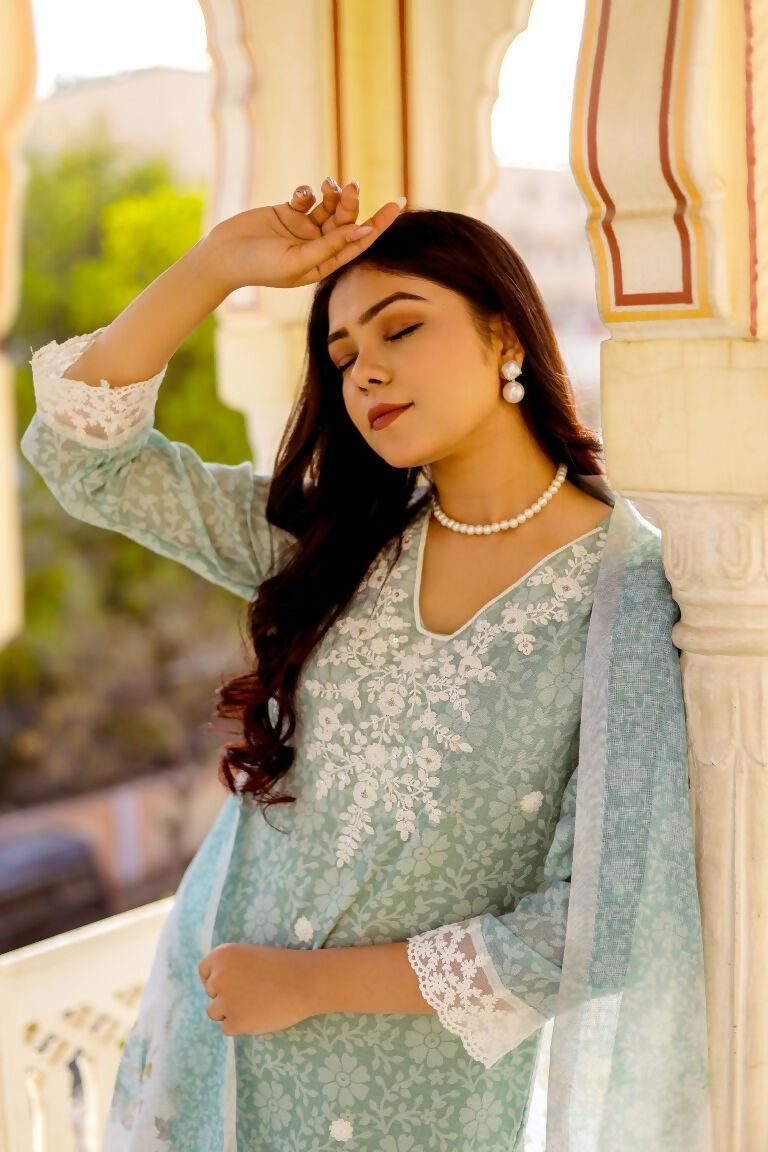 Vaasva Women Sky Blue Linen Floral Printed Kurta, Pant & Dupatta set - Distacart