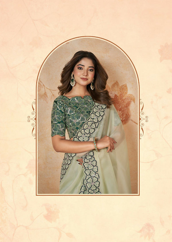Light Green Net Organza Georgette Thread, Sequence, Cord Embroidered with Moti Work Saree - Mohmanthan Dakshika - Distacart