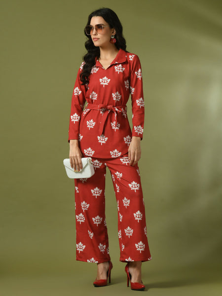 Myshka Women's Rust Printed Polo Collar Party Top With Trousers Co-ord set - Distacart