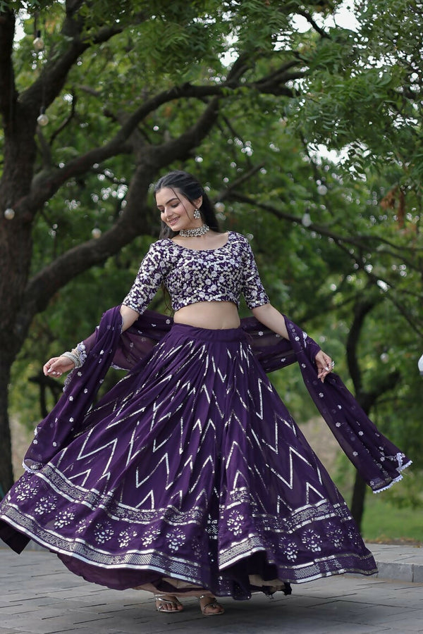 Vastranavya Faux Blooming With Sequins And Thread Embroidered Work Lehenga Choli With Dupatta - Purple - Distacart