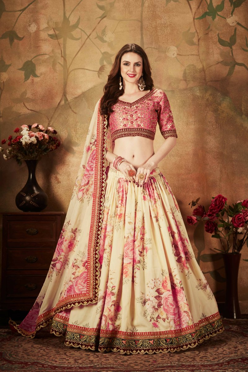 Aastha Fashion Women's Delightful Beige-Peach Floral Print Organza Wedding Wear Lehenga Choli - Distacart