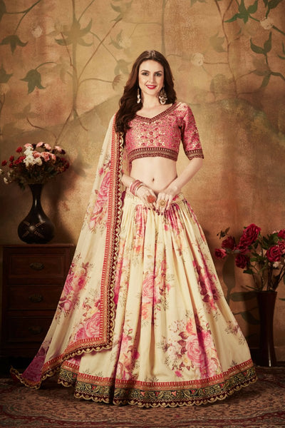 Aastha Fashion Women's Delightful Beige-Peach Floral Print Organza Wedding Wear Lehenga Choli - Distacart