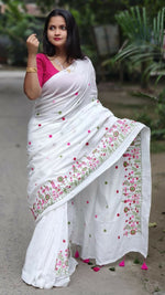 Thumbnail for Exclusive Collection White Pure Cotton Handloom Embroidered Saree