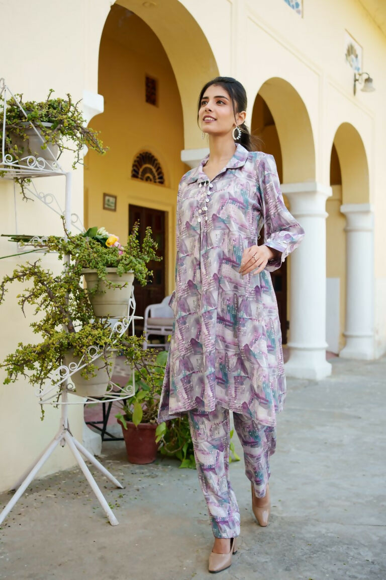 Vaasva Women Lavender Muslin Printed Shirt & Pant Set - Distacart