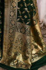 Thumbnail for Joban Fashion Emerald Green Crepe Chiffon Pure Handloom Banarasi Silk Saree