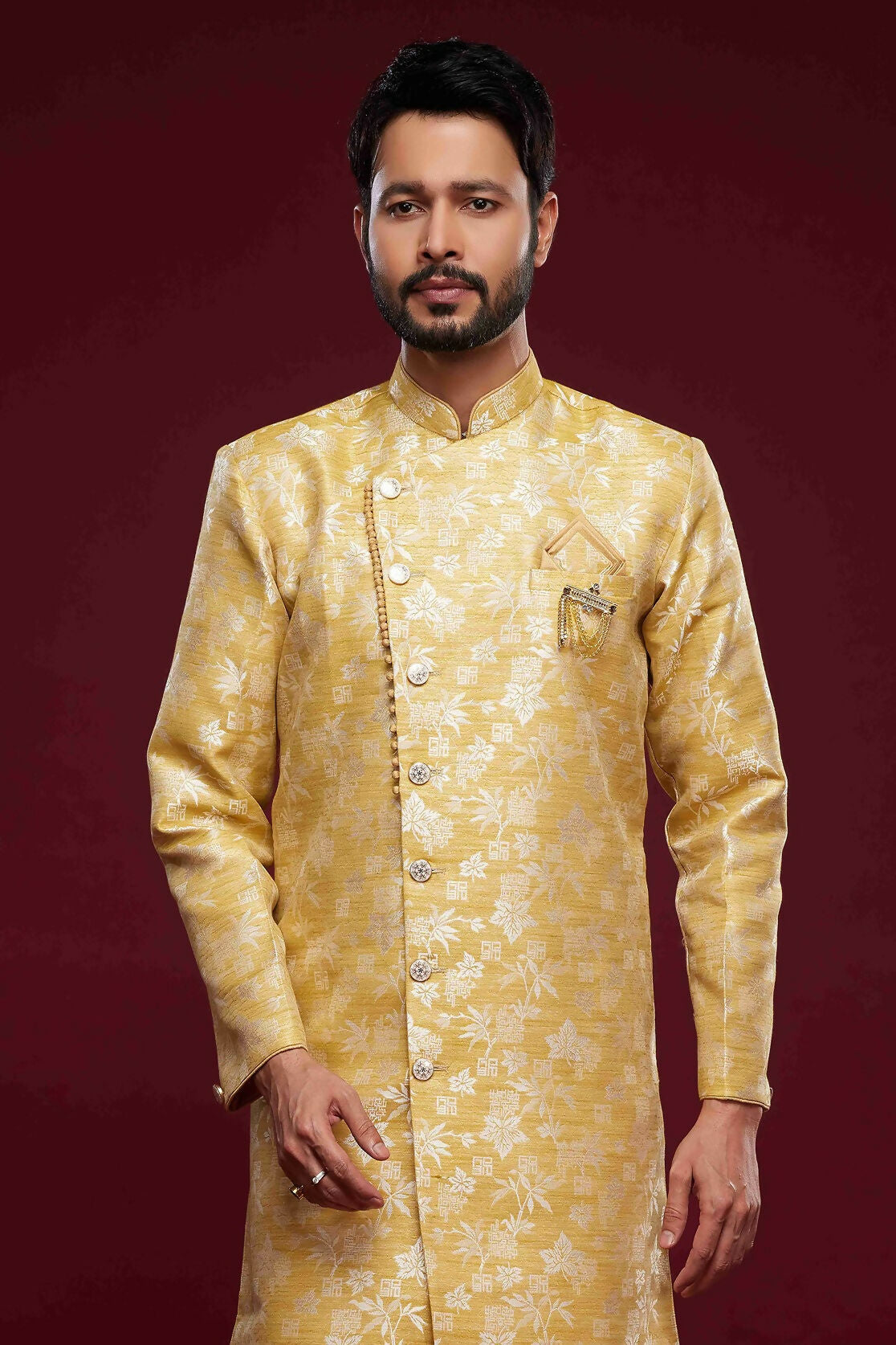 Raivat Ethnic Banarasi Jacquard Embroidery Semi Indo Western Sherwani In Cream Beige Colour