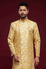 Thumbnail for Raivat Ethnic Banarasi Jacquard Embroidery Semi Indo Western Sherwani In Cream Beige Colour