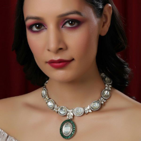 Gold and Silver Tone Neckpiece with Green Center Piece (Silver) - Ruby Raang - Distacart