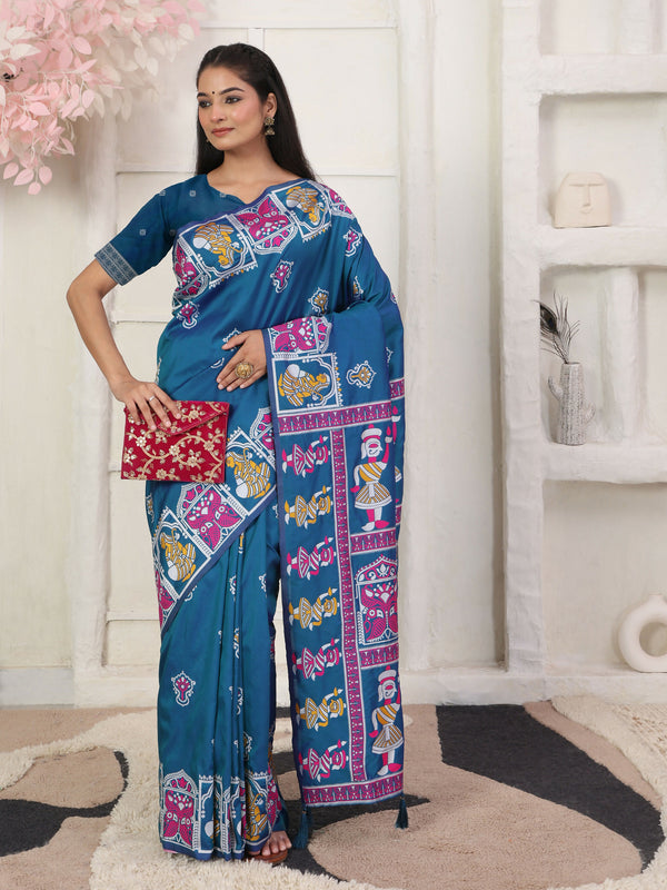 Astita Silk Blend Teal Blue Saree
