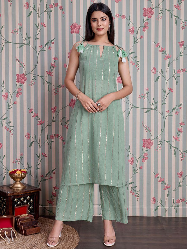 Ode by House of Pataudi Striped Straight Kurta with Palazzos - Distacart