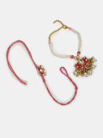 Thumbnail for NVR Women & Men Set of 2 Pink Lotus Shape Kundan-Studded & Beaded Wraparound Rakhi Set With Roli Chawal & Chocolate - Distacart