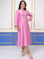 Thumbnail for Vishudh Pink Round Neck Three-Quarter Sleeves Panelled A-Line Kurta - Distacart