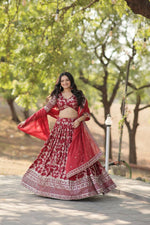 Thumbnail for Vastranavya Designer Dyeable Pure Viscose Jacquard Fabric Lehenga Choli & Dupatta Set - Maroon - Distacart