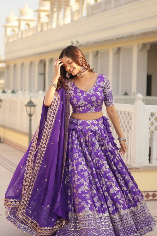 Vastranavya Designer Dyeable Pure Viscose Jacquard Fabric Lehenga Choli & Dupatta Set - Purple - Distacart