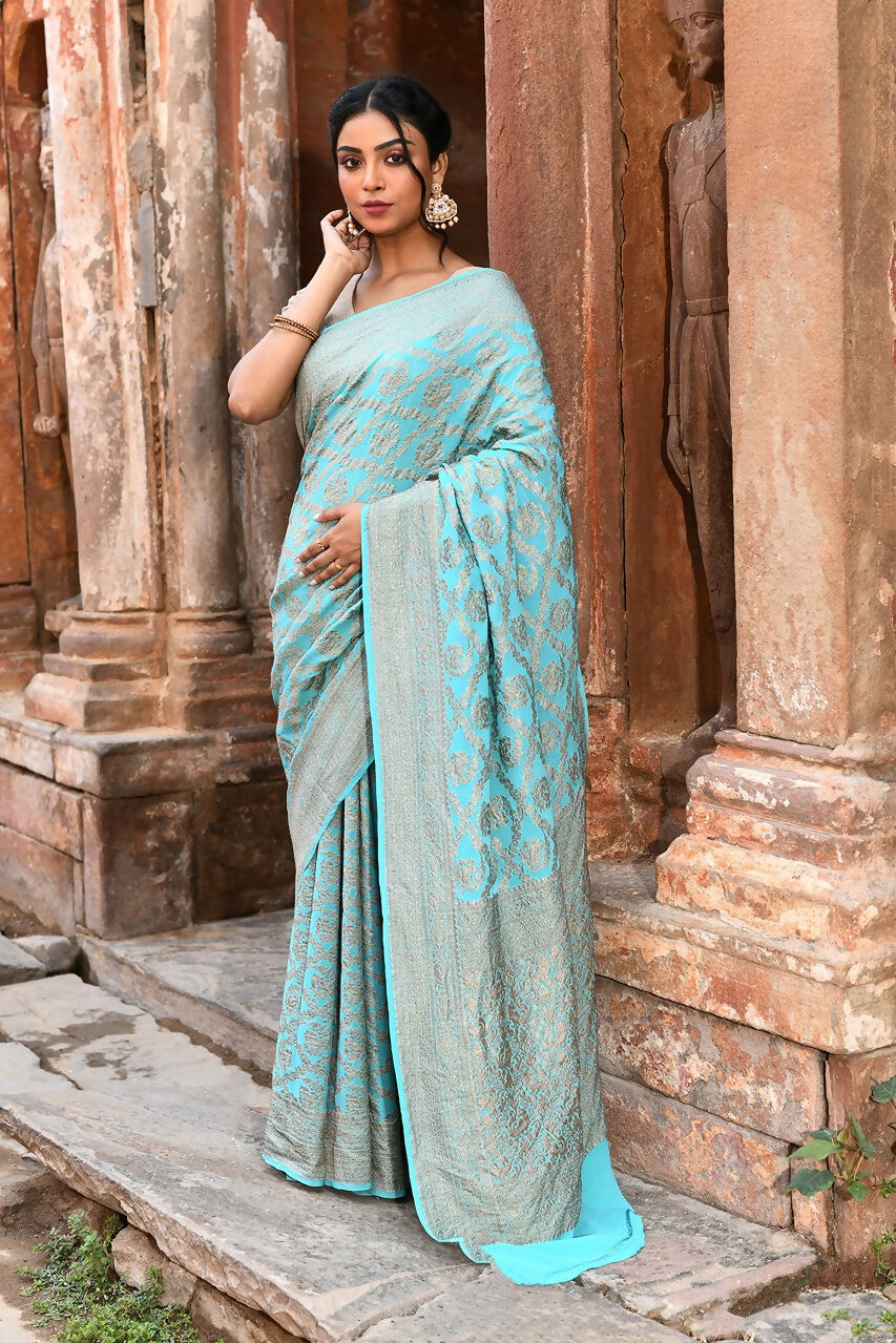 Joban Fashion Teal Green Crepe Chiffon Pure Handloom Banarasi Silk Saree