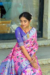 Thumbnail for Aastha Fashion Pink Woven Kanjivaram Silk Saree with Blouse - Distacart
