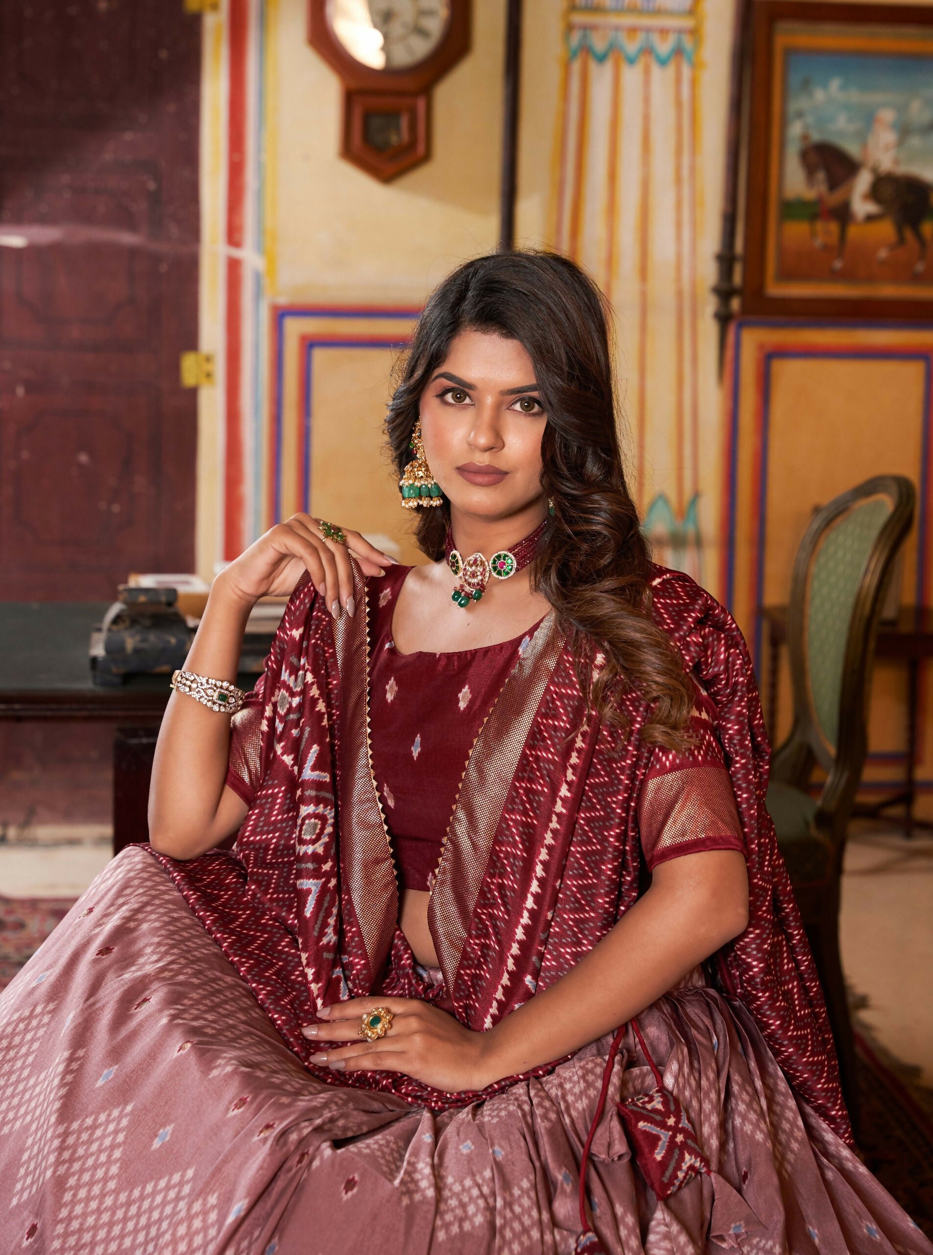 Vastranavya Occasionaly Tussar Silk Dot And Ikkat Print With Foil Work Lehenga Choli - Maroon - Distacart