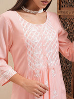 Thumbnail for Vishudh Peach-Coloured Floral Embroidered Thread Work Straight Kurta With Palazzos - Distacart