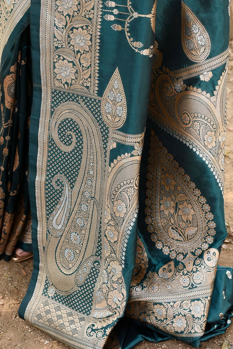 Joban Fashion Green Banarasi Soft Pure Handloom Banarasi Silk Saree