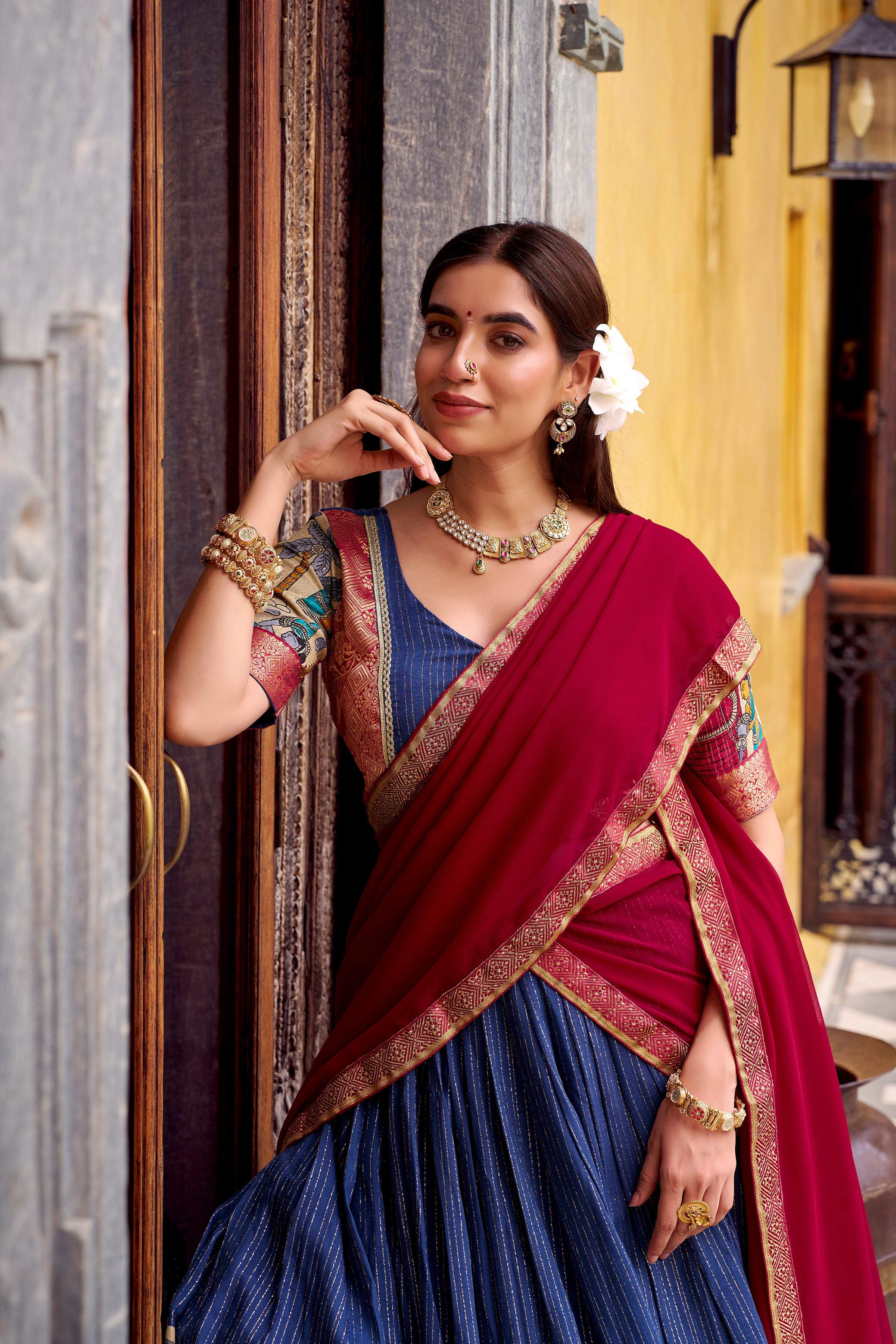 Evanik Navy Blue South Style Kalamkari Print Design Zari Work Unstitched Lehenga Choli