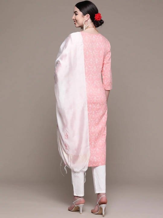 Anubhutee Pink Floral Yoke Design Thread Work Pure Cotton Kurta with Trousers & With Dupatta - Distacart
