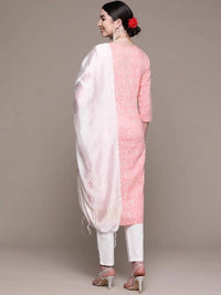 Thumbnail for Anubhutee Pink Floral Yoke Design Thread Work Pure Cotton Kurta with Trousers & With Dupatta - Distacart