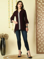 Thumbnail for Myshka Women's Coffee Brown Embroidered Party Fusion Top - Distacart
