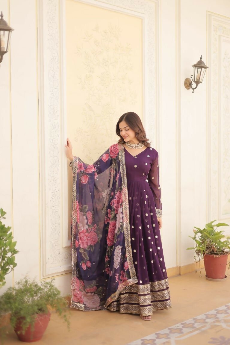 Aastha Fashion Women's Purple Faux Georgette Embroidery Zari Sequins-work Gown with Dupatta