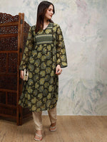 Thumbnail for Vishudh Floral Printed V-Neck Lace & Gathered Detail A-Line Kurta - Distacart
