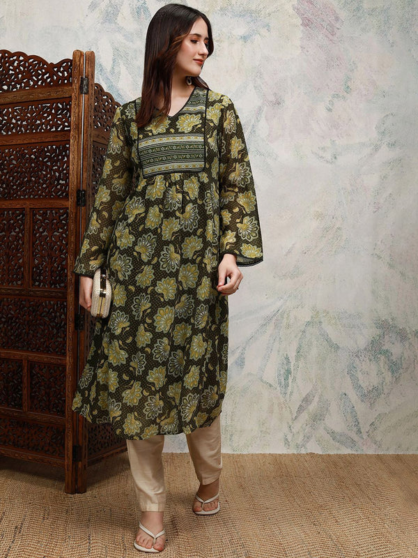 Vishudh Floral Printed V-Neck Lace & Gathered Detail A-Line Kurta - Distacart