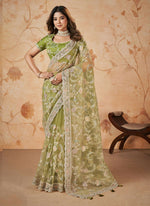 Thumbnail for Green Net Sequence & Cord Embroidered Saree - Mohmanthan Dakshika - Distacart