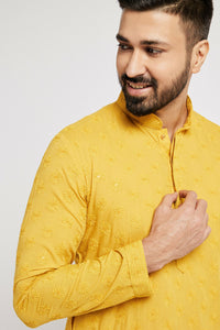 Thumbnail for Ethnic India Yellow Men's Kurta Ethnic Motifs Cotton - Distacart