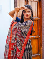 Thumbnail for Zibaa Hand-Blocked Pure Maheshwari Silk Navy Blue Saree