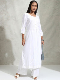 Thumbnail for Vishudh White Floral Embroidered Thread Work Straight Kurta With Palazzos