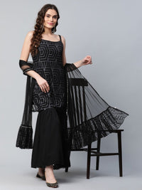 Thumbnail for Ahalyaa Women Black Net Glitter Print Short Kurti With Sharara Dupatta Set - Distacart