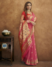 Thumbnail for Vastranavya Pink Soft Paithani Silk Saree With Gold Zari Weaving Motifs With Matching Blouse Fabric - Distacart