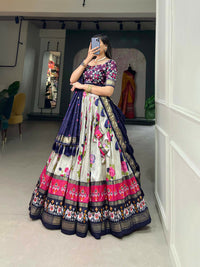 Thumbnail for Vastranavya Floral And Patola Print With Foil Work Lehenga with Unstitched Blouse - Navy Blue