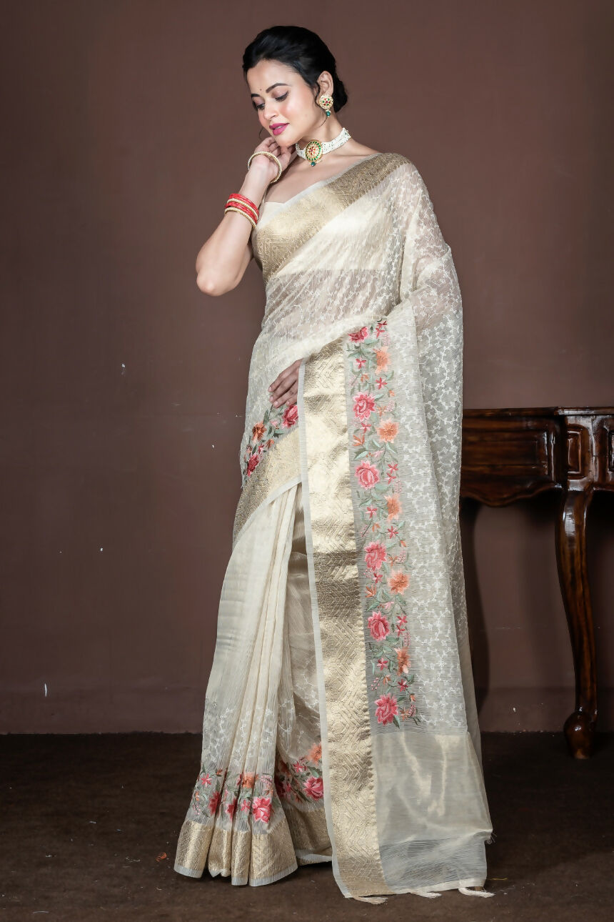 Morchari Beige Banarasi Tissue Computer Embroidery Saree Unstitched Blouse