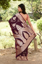 Thumbnail for Joban Fashion Wine Banarasi Soft Pure Handloom Banarasi Silk Saree