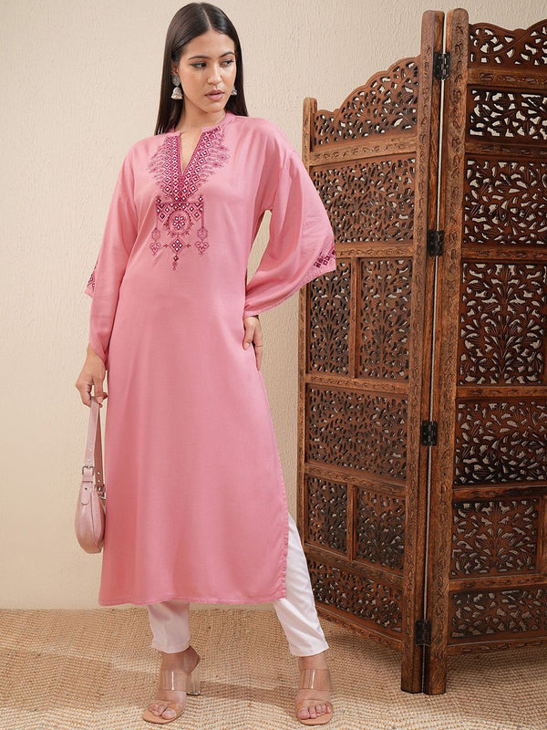 Vishudh Floral Embroidered Mandarin Collar Bell Sleeves Mirror Work Straight Kurta - Distacart