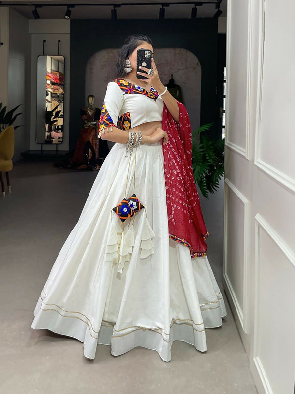 Vastranavya Navaratri Special Pure Cotton Plain With Gotta Patti Touch Up Lehenga Stitched Choli - White - Distacart