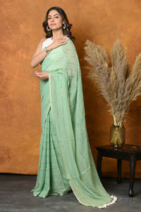 Thumbnail for Very Much Indian Designer Mul Cotton Handloom Saree with Sequins - Sea Green - Distacart