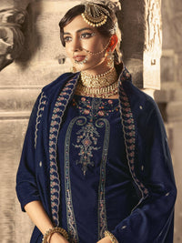 Thumbnail for Aastha Fashion Women's Navy Blue Velvet Floral Resham Thread with Jari work Kurta with Trouser & Dupatta - Distacart
