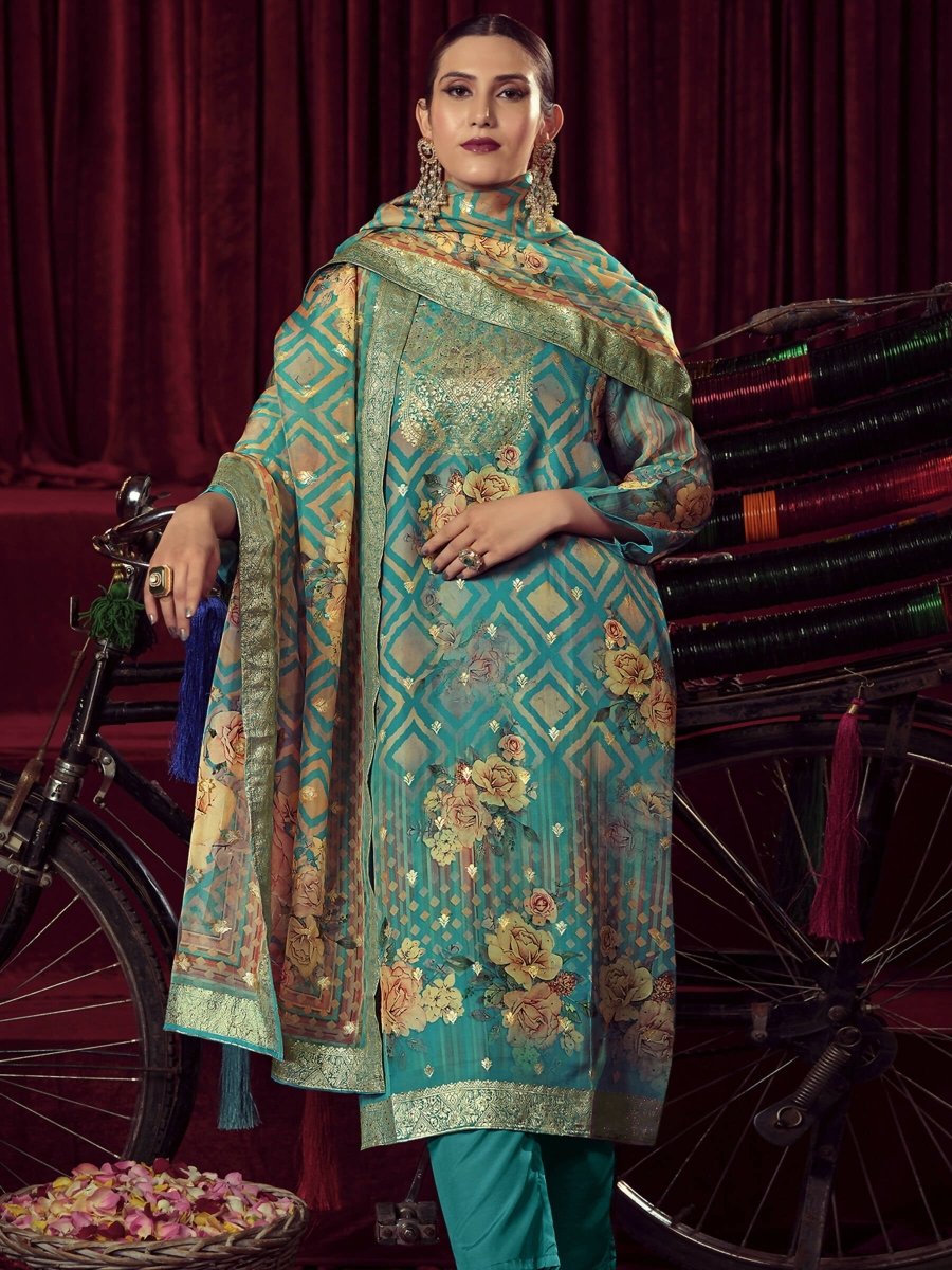 Aastha Fashion Women's Turquiose Organza Jacquard Woven Kurta with Trouser & Dupatta - Distacart